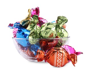 Bowl with candies in colorful wrappers isolated on white