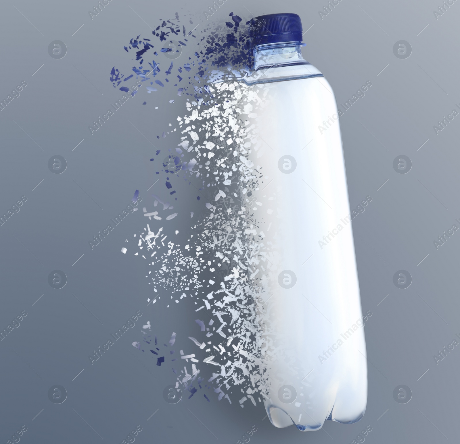 Image of Bottle of water vanishing on color background. Decomposition of plastic pollution