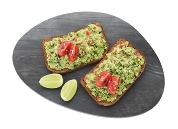 Photo of Slices of bread with tasty guacamole and lime isolated on white, top view