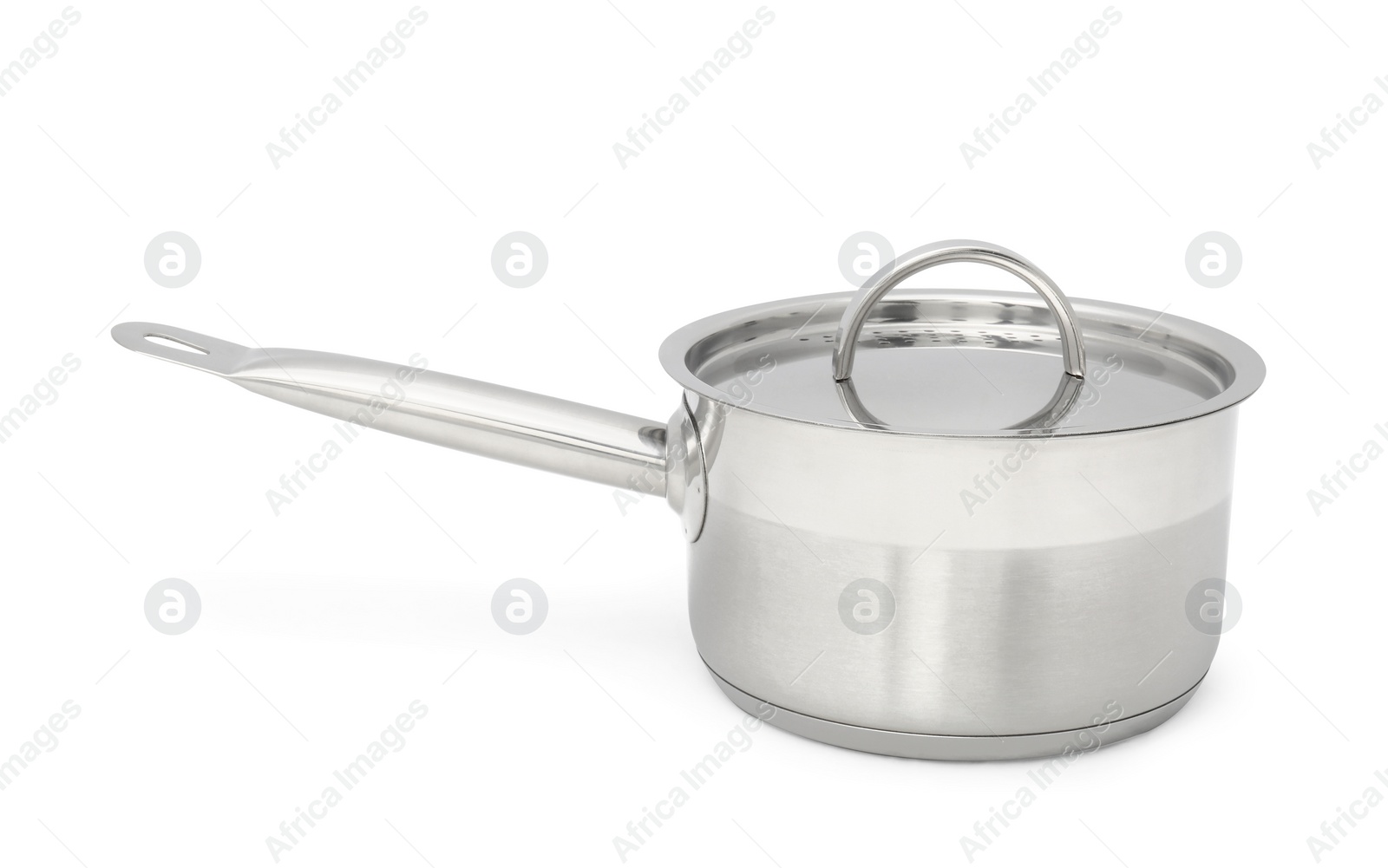 Photo of One steel saucepan with strainer lid isolated on white