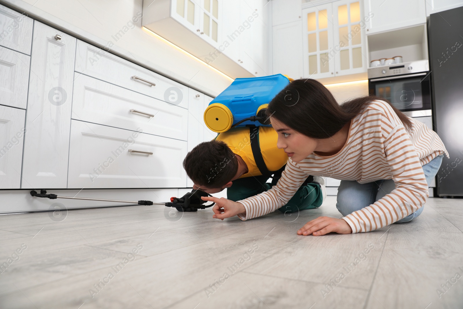 Photo of Woman showing insect traces to pest control worker in kitchen