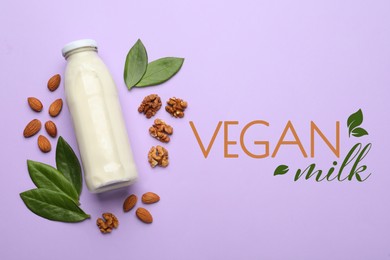 Bottle of vegan milk, walnuts and almonds on violet background, flat lay