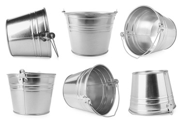 Image of Shiny metal buckets isolated on white, set