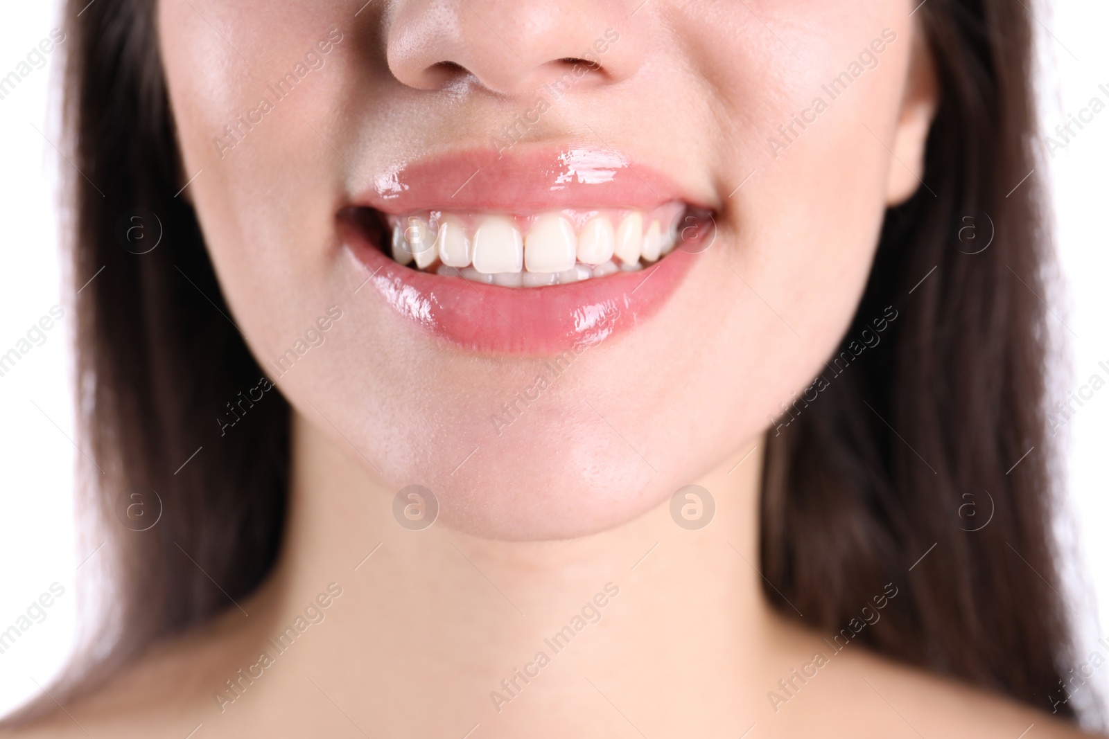 Photo of Young smiling woman with healthy teeth, closeup