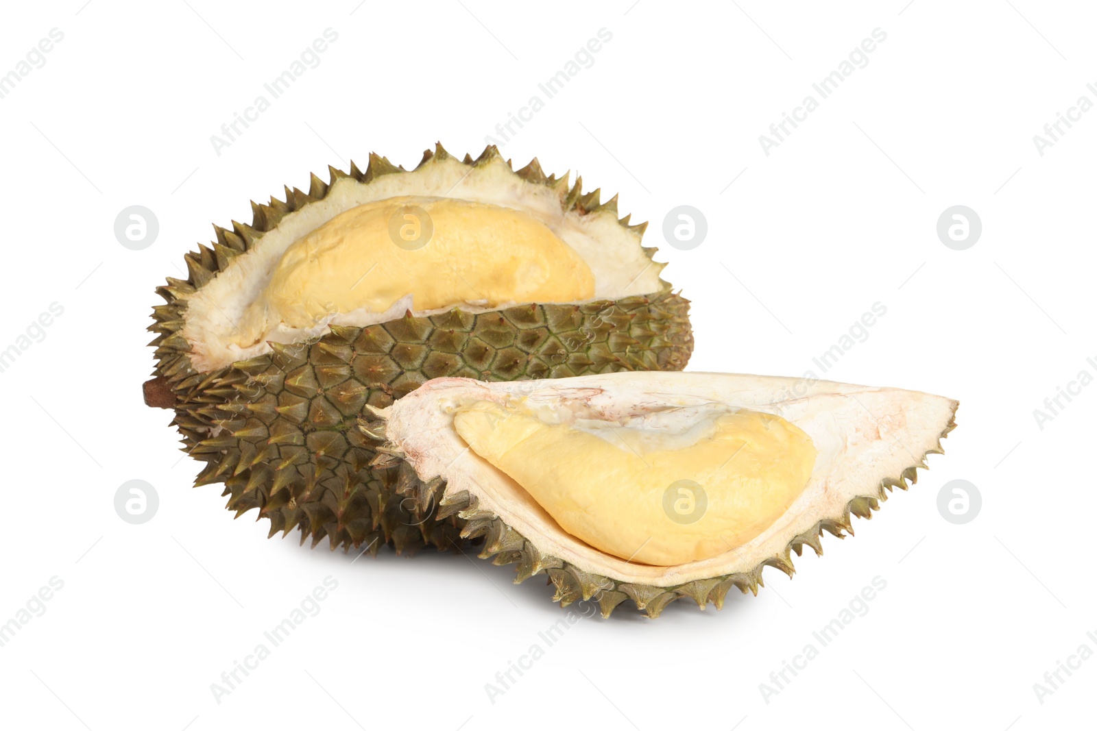 Photo of Fresh ripe durian on white background. Tropical fruit