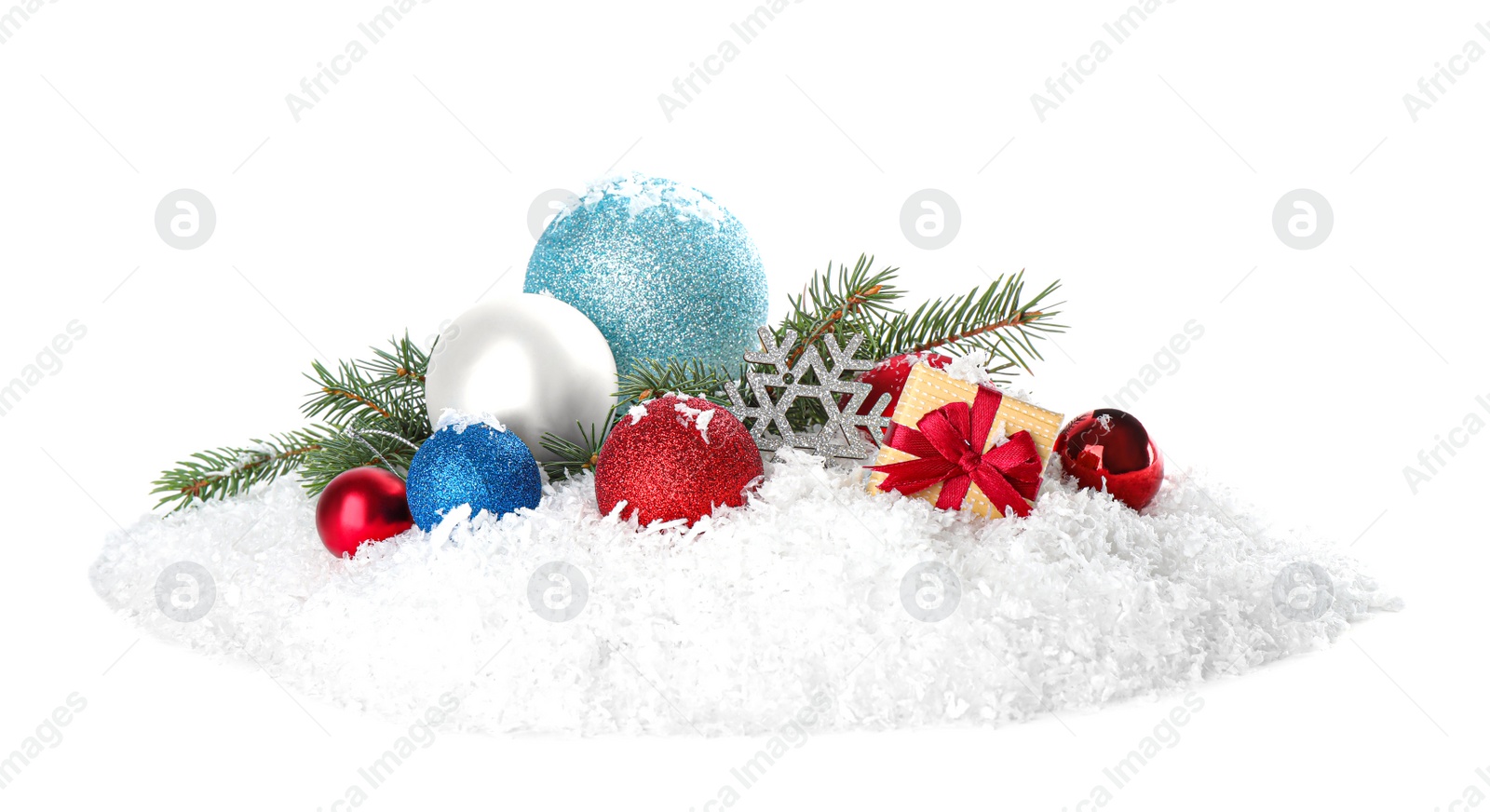 Photo of Christmas decoration with snow on white background