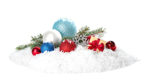 Photo of Christmas decoration with snow on white background
