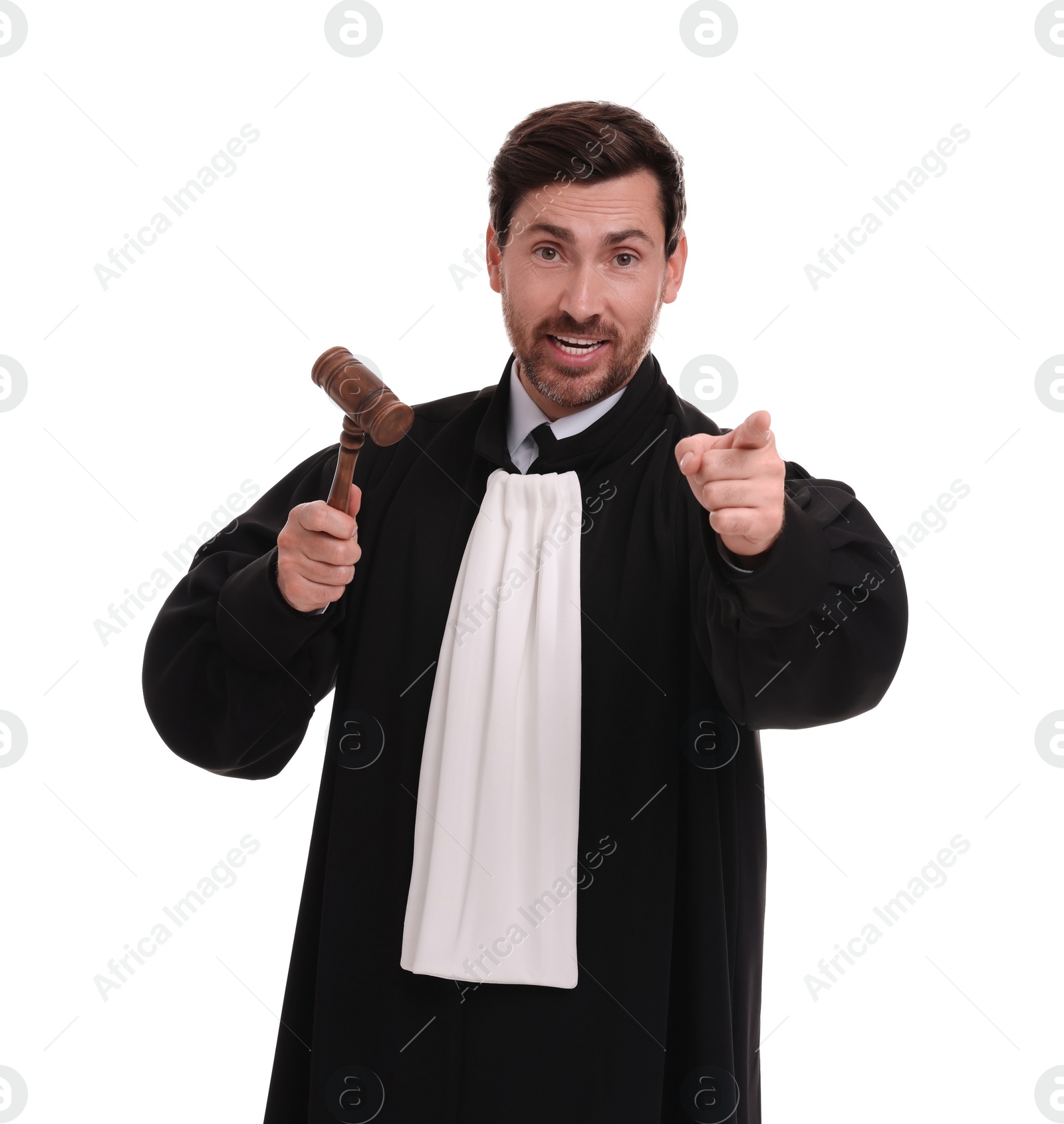 Photo of Judge in court dress with gavel on white background