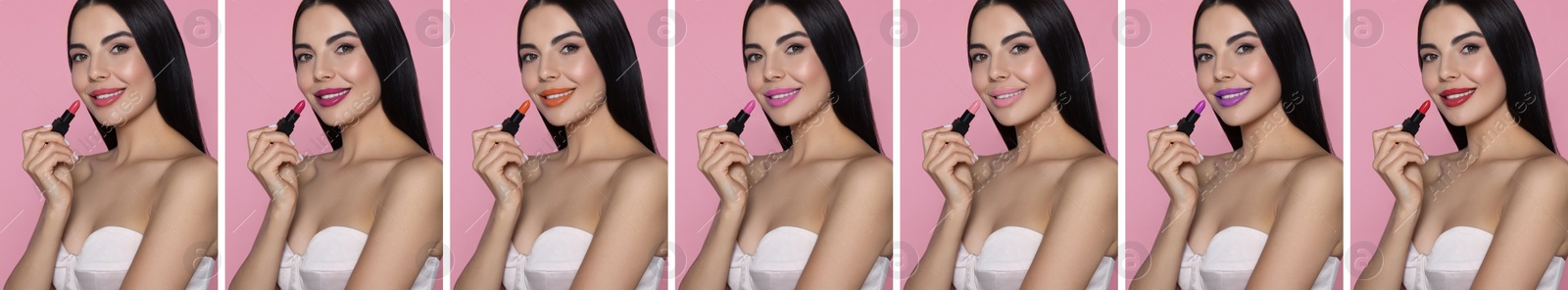 Image of Collage with photos of woman applying different beautiful lipsticks on pink background. Banner design