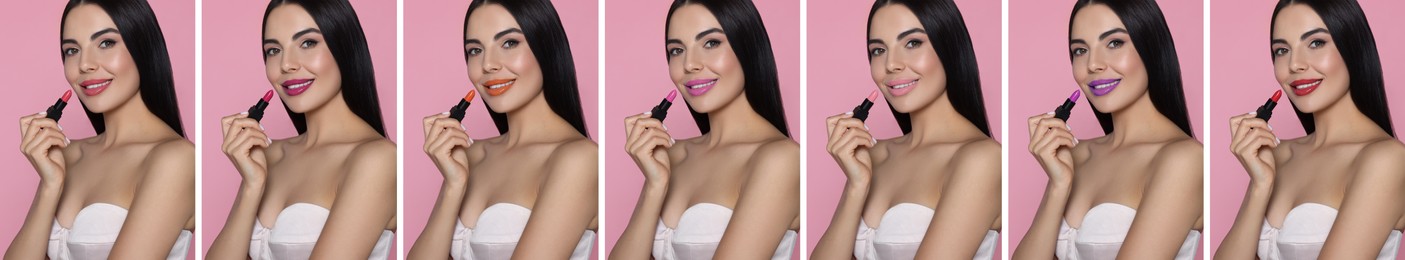 Collage with photos of woman applying different beautiful lipsticks on pink background. Banner design