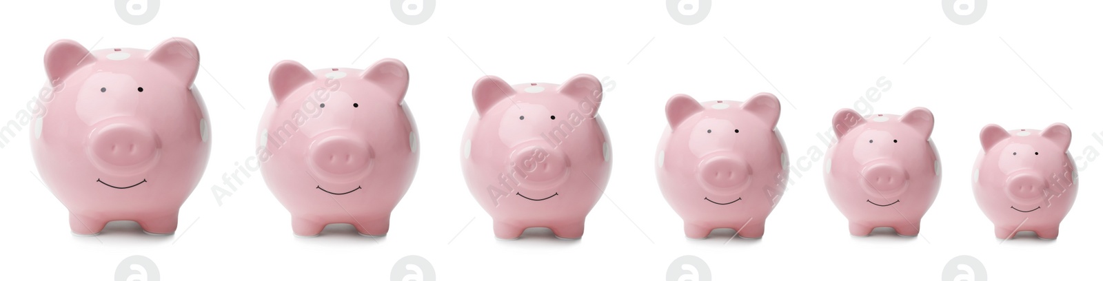 Image of Set with piggy banks of different sizes on white background, banner design. Money saving