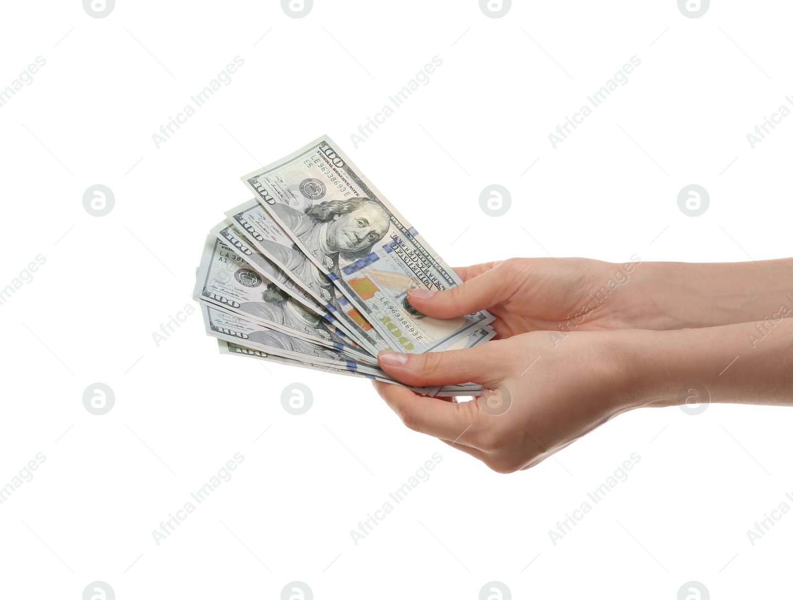 Photo of Woman with money on white background, closeup