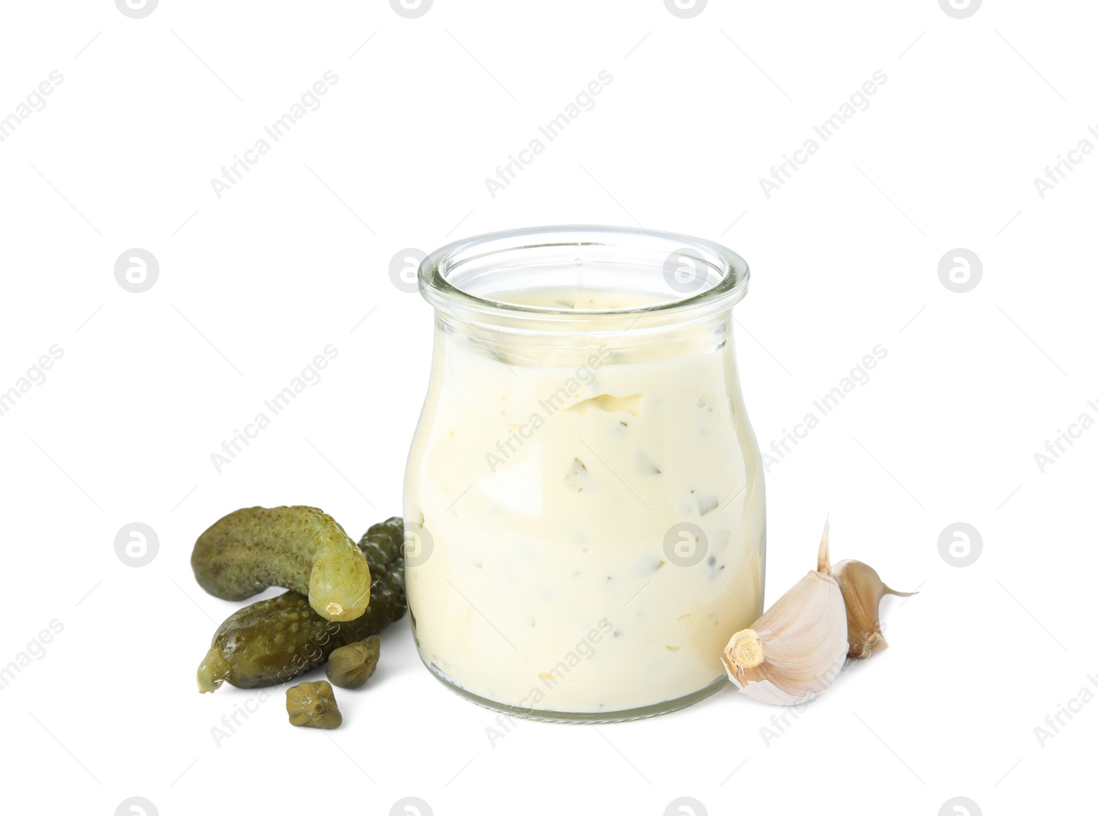 Photo of Tartar sauce and ingredients on white background