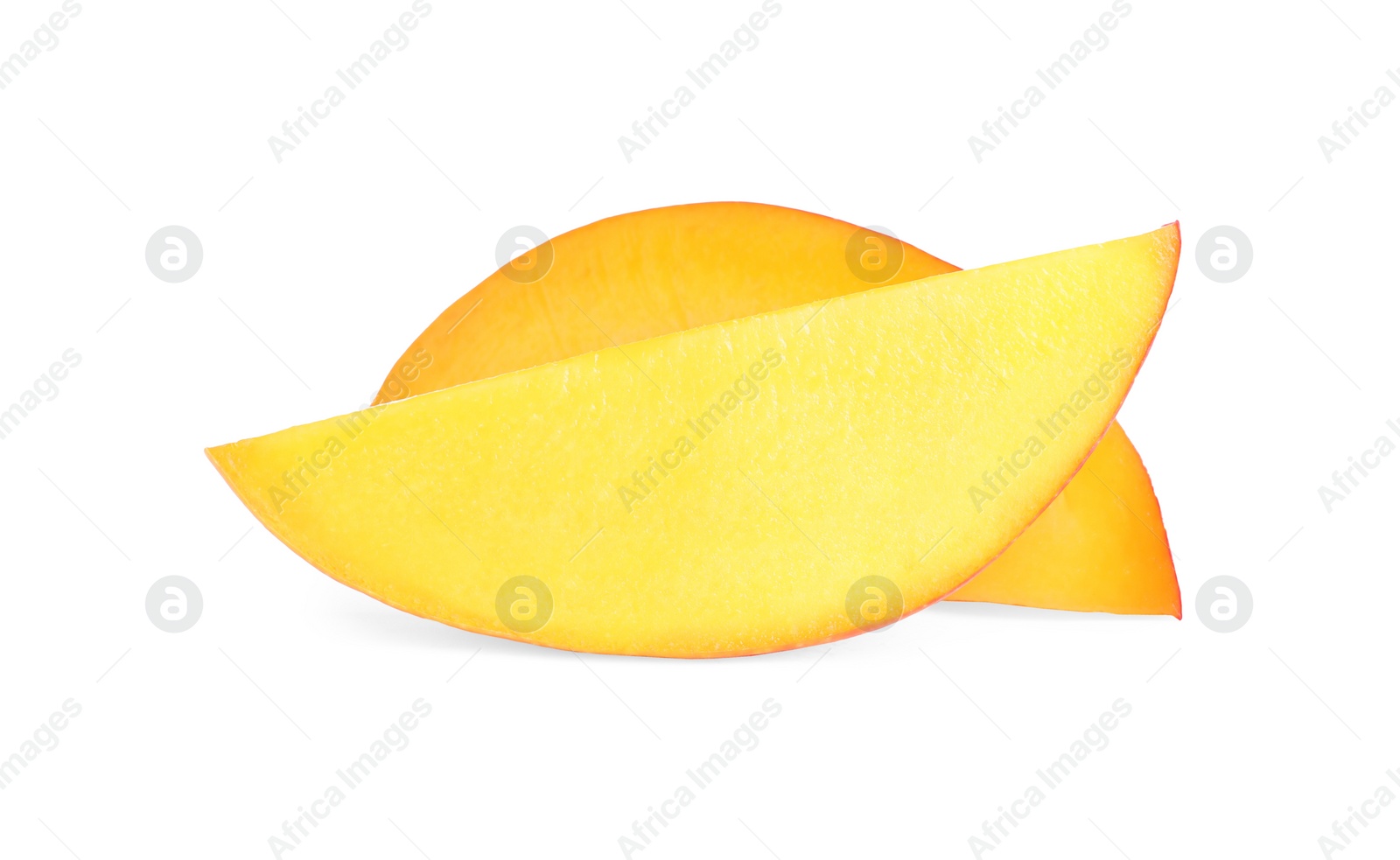 Photo of Juicy mango slices on white background. Tropical fruit