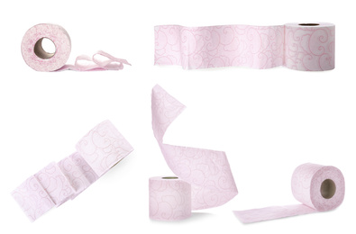 Image of Set with pink rolls of toilet paper on white background. Banner design