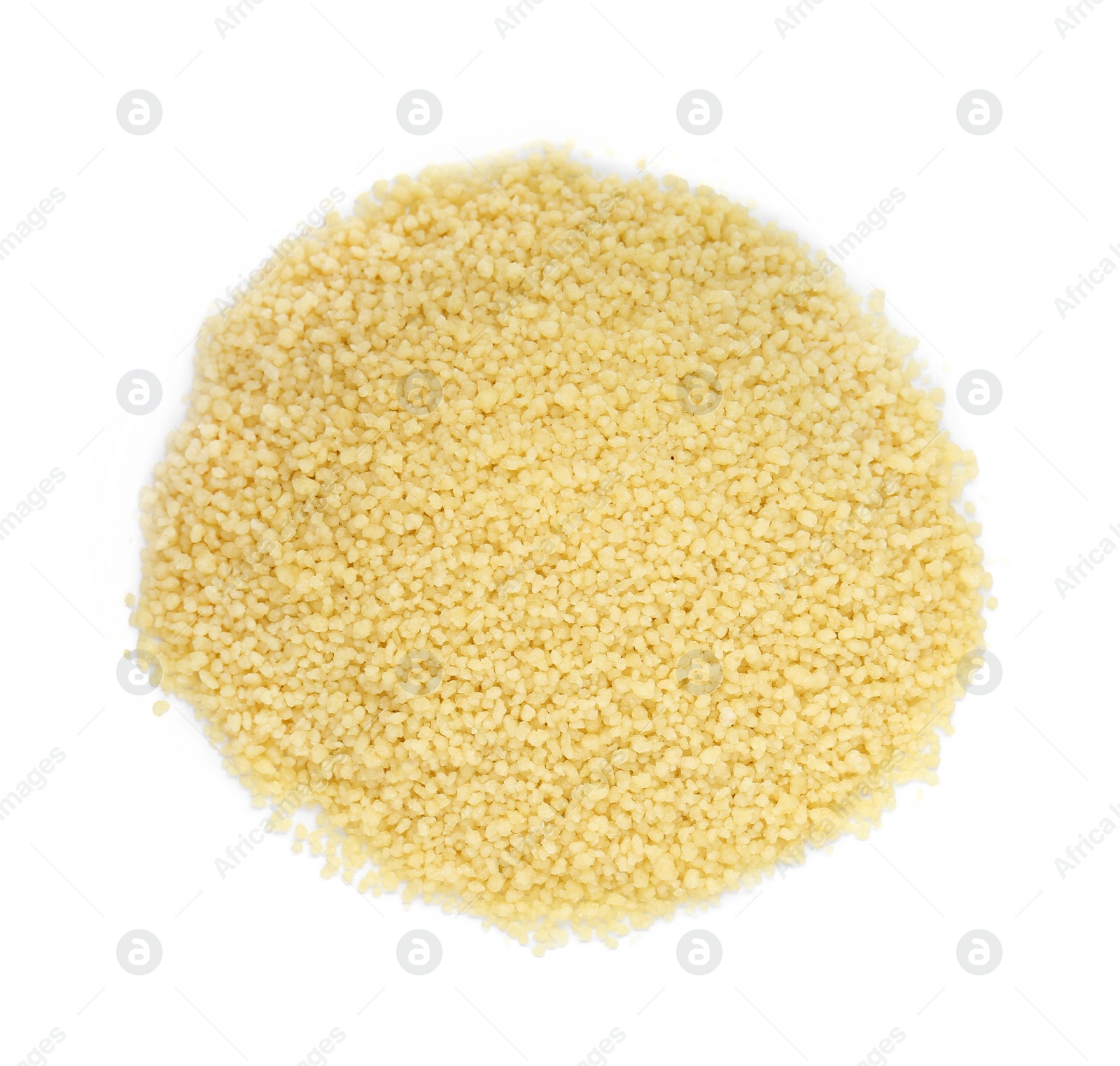 Photo of Heap of raw couscous on white background, top view