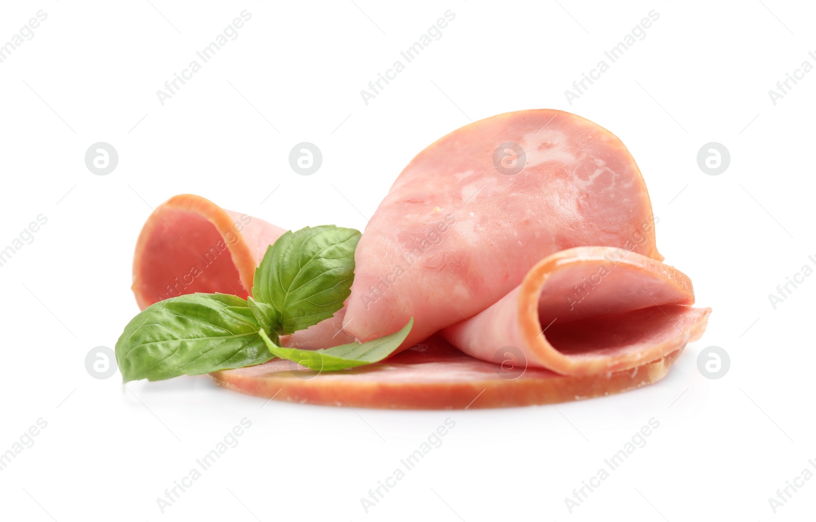 Photo of Tasty ham with basil isolated on white