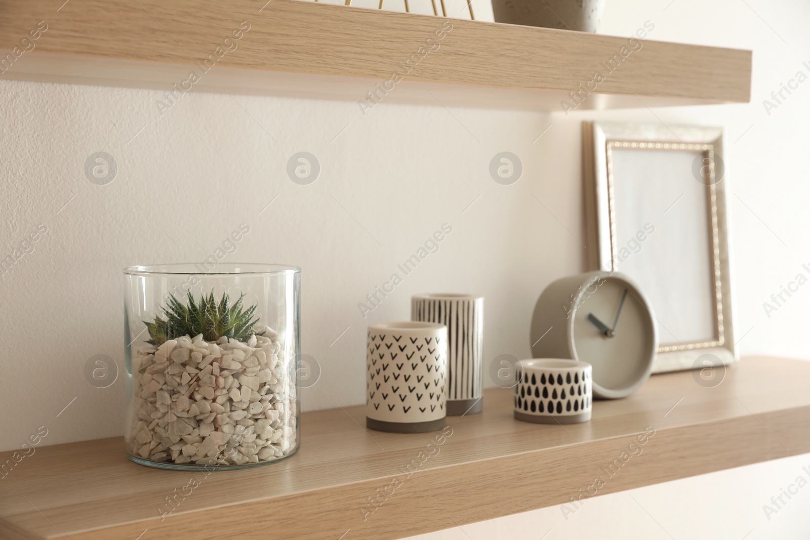 Photo of Wooden shelves with plant, clock and photo frame on light wall