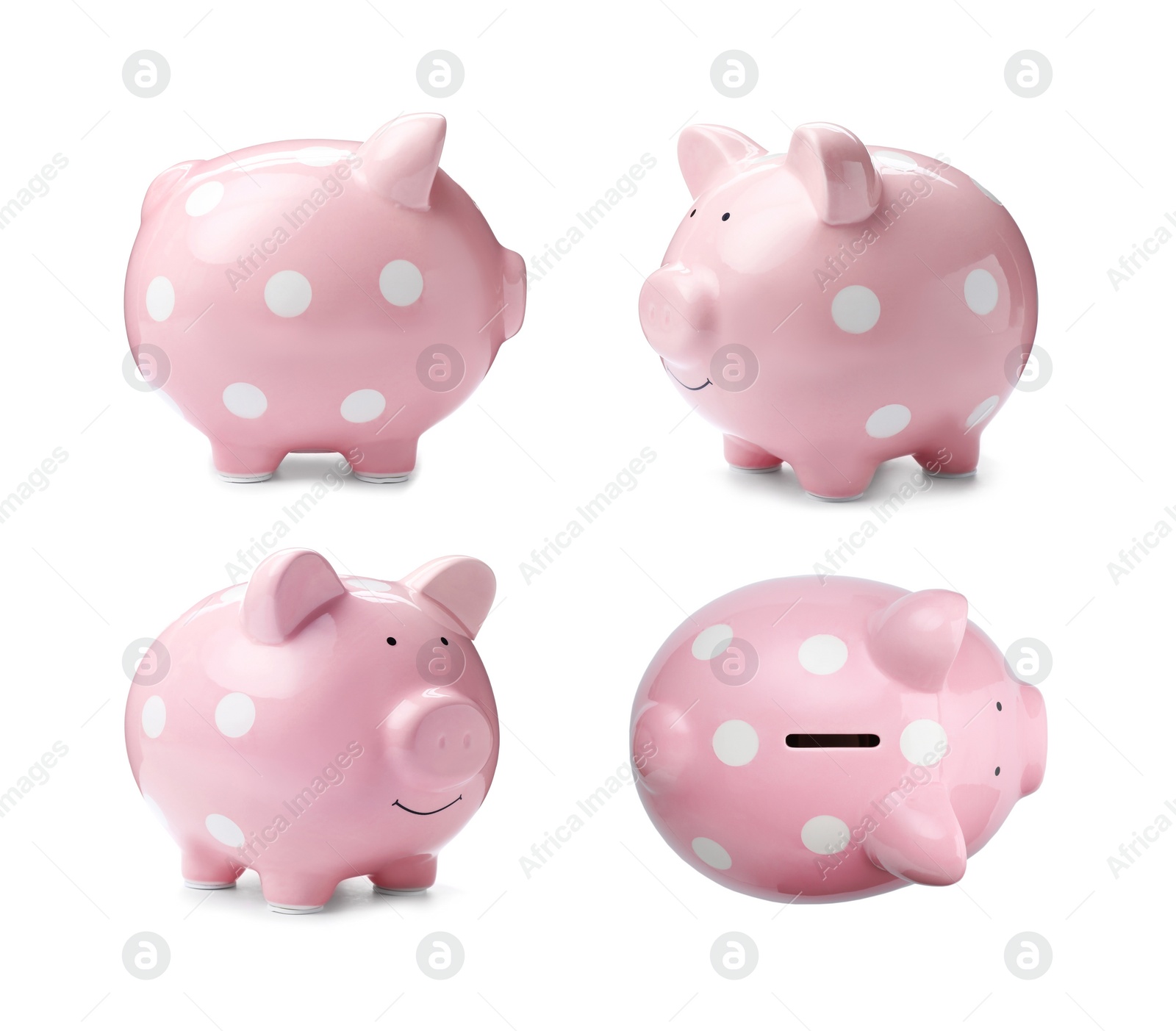 Set with pink piggy bank on white background Image of Set with pink piggy bank on white background