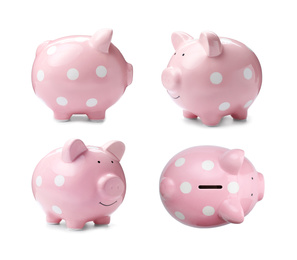 Image of Set with pink piggy bank on white background