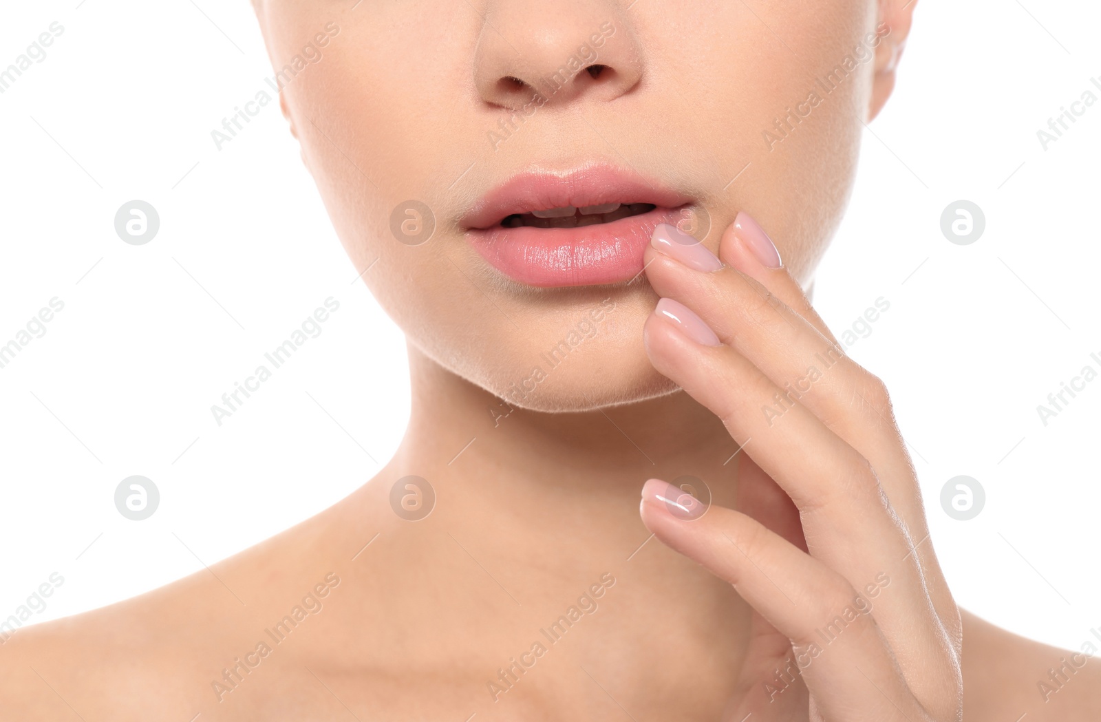 Photo of Closeup view of beautiful young woman on white background. Lips contouring, skin care and cosmetic surgery concept