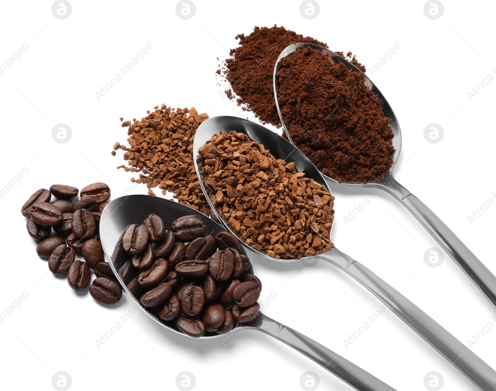 Photo of Spoons of beans, instant and ground coffee on white background