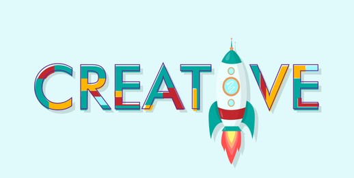 Illustration of Word Creative with illustration of rocket instead of letter I on pastel light blue background