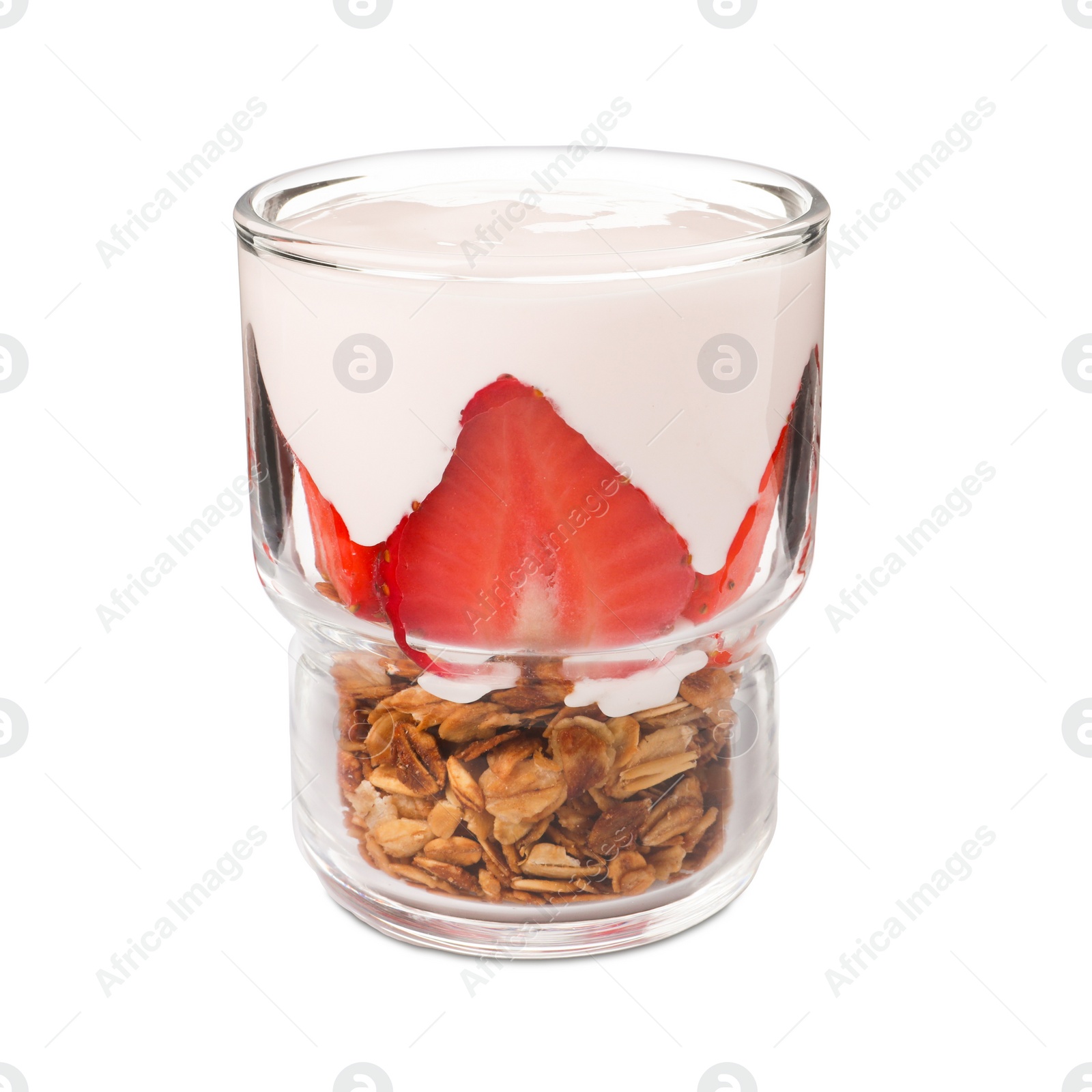 Photo of Glass of tasty yogurt with muesli and strawberries isolated on white