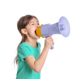 Adorable little girl with megaphone on white background