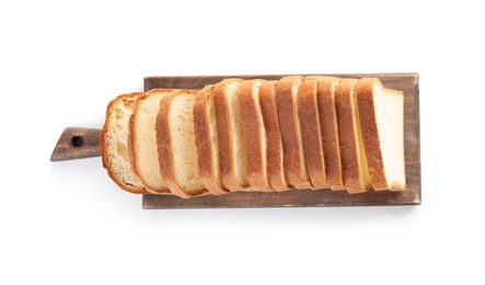 Photo of Wooden board with tasty bread on white background, top view
