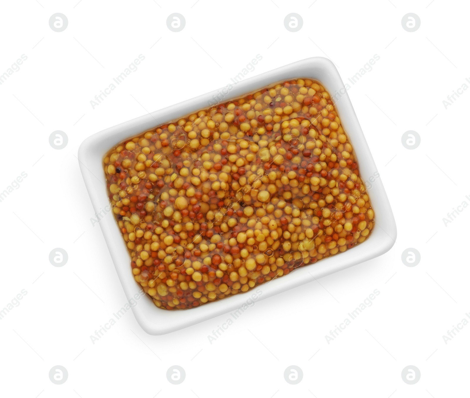 Photo of Fresh whole grain mustard isolated on white, top view