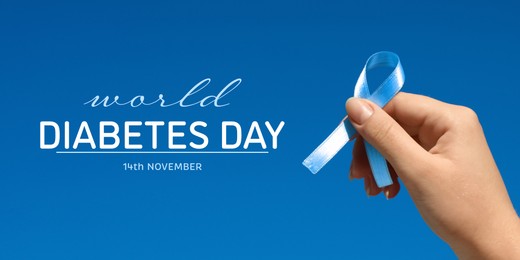 World Diabetes Day. Woman with light blue ribbon on color background, closeup. Banner design