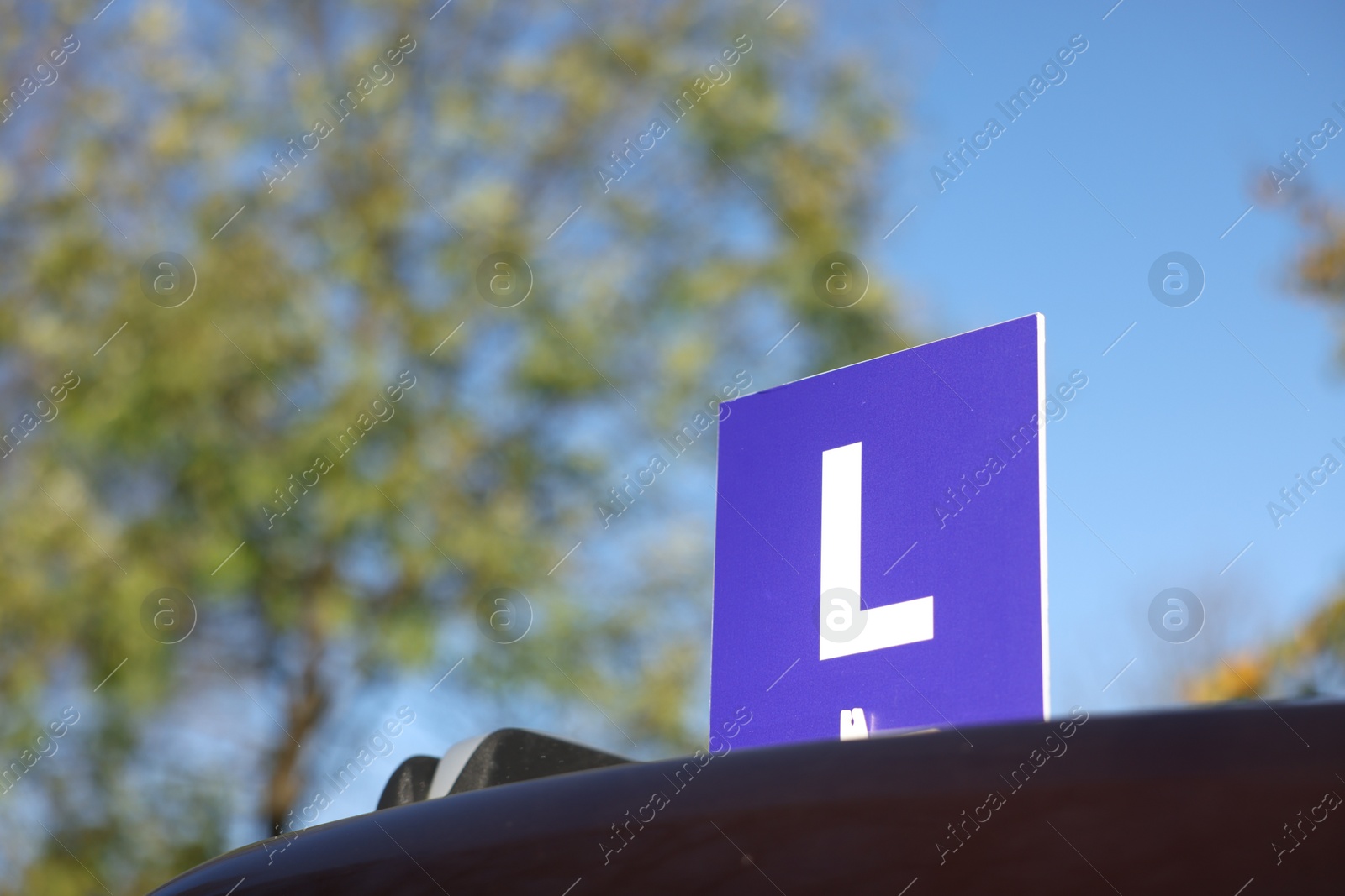 Photo of L-plate on car outdoors, space for text. Driving school