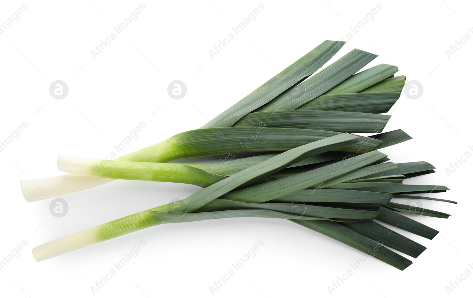 Photo of Fresh raw leeks on white background, top view