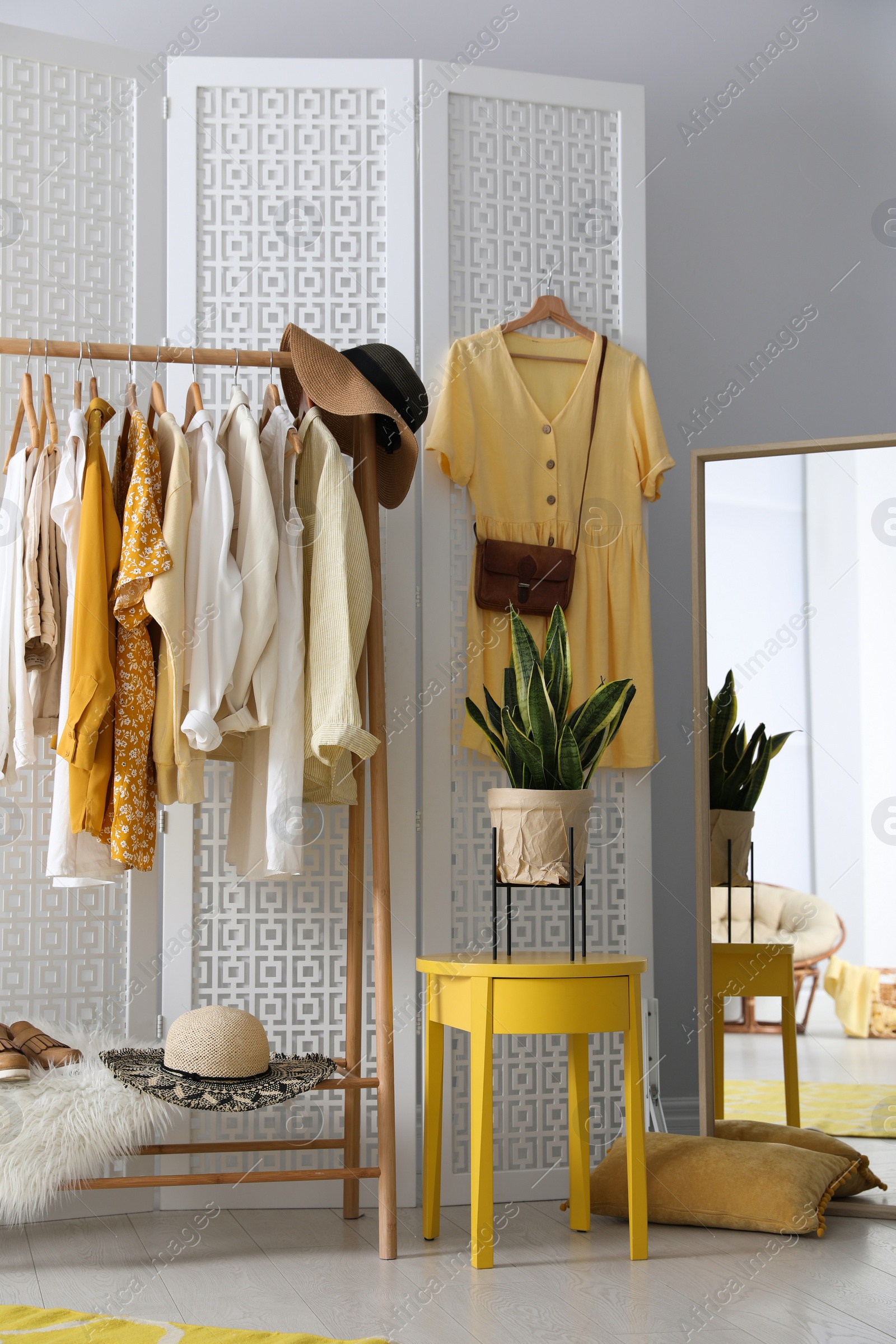 Photo of Rack with stylish women's clothes and mirror indoors. Interior design