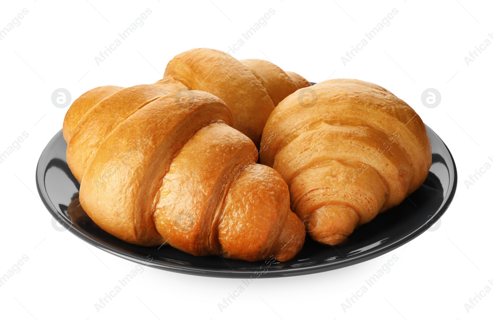 Photo of Plate with delicious fresh croissants isolated on white