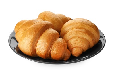 Photo of Plate with delicious fresh croissants isolated on white