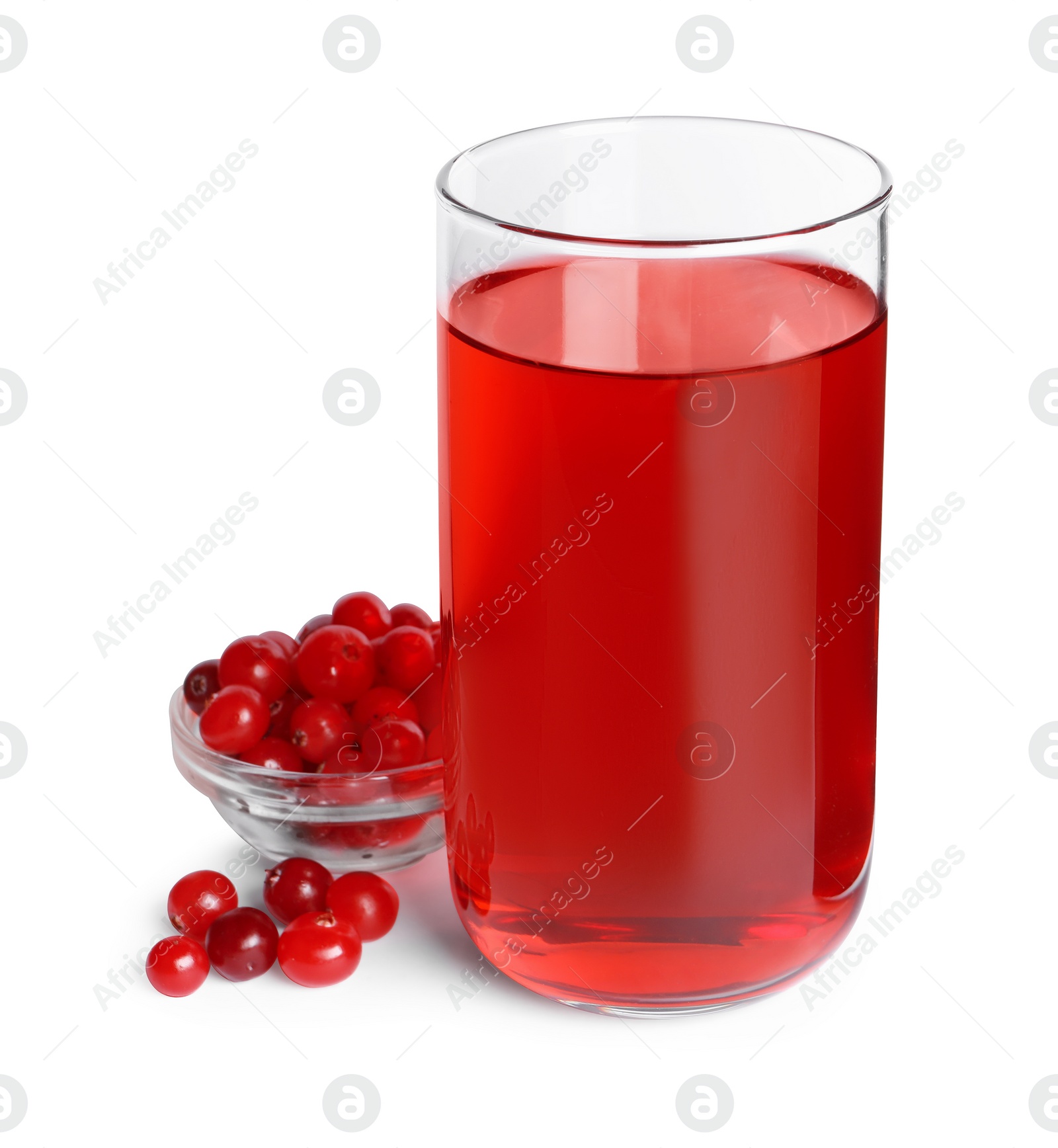 Photo of Tasty cranberry juice in glass and fresh berries isolated on white