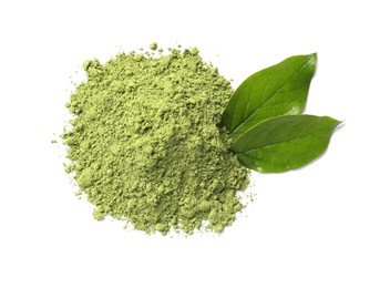 Pile of green matcha powder and leaves isolated on white, top view