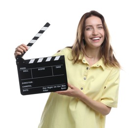 Photo of Making movie. Smiling woman with clapperboard on white background