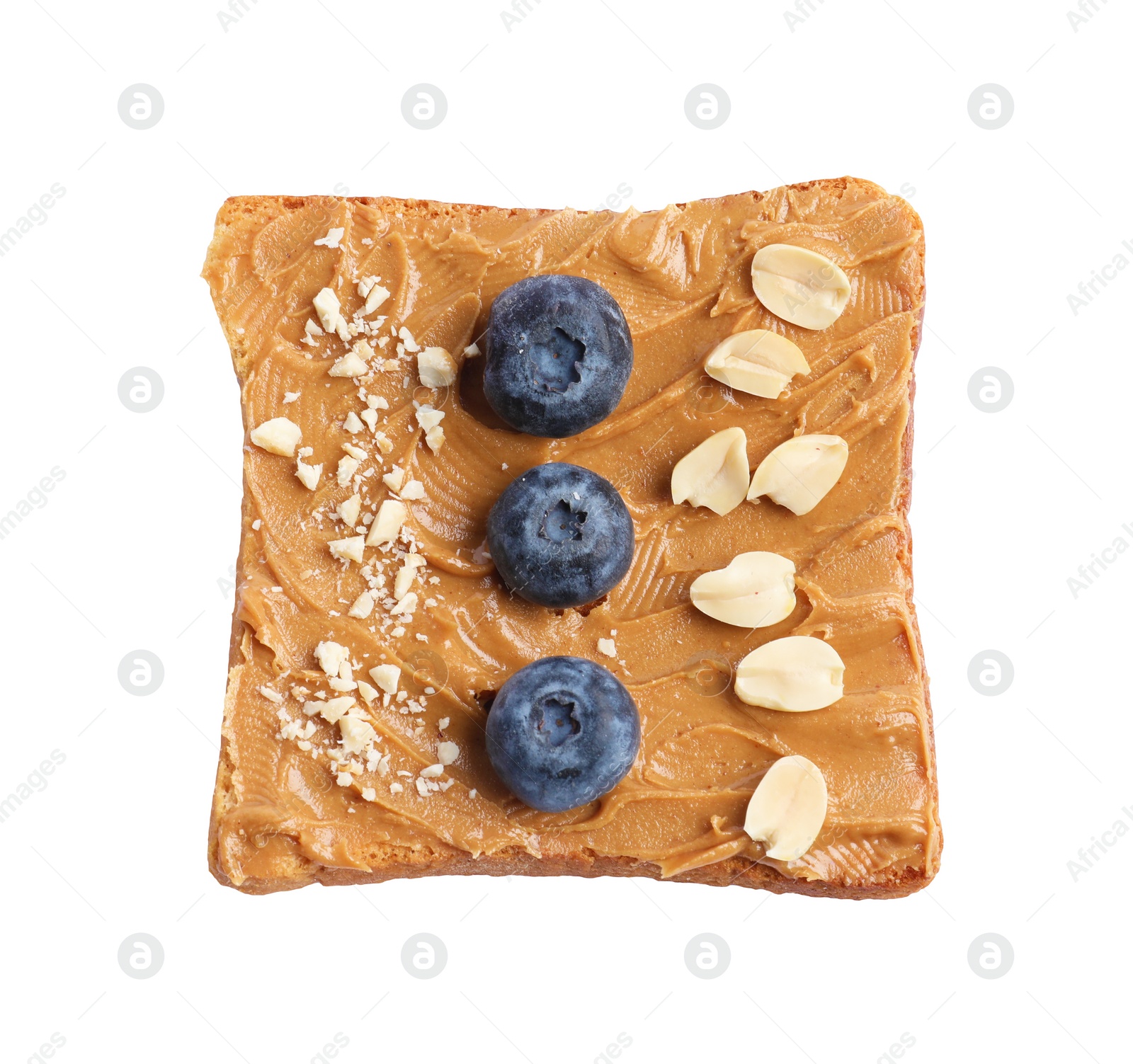 Photo of Toast with tasty nut butter, blueberries and nuts isolated on white, top view