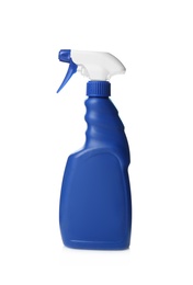 Blue spray bottle of cleaning product isolated on white