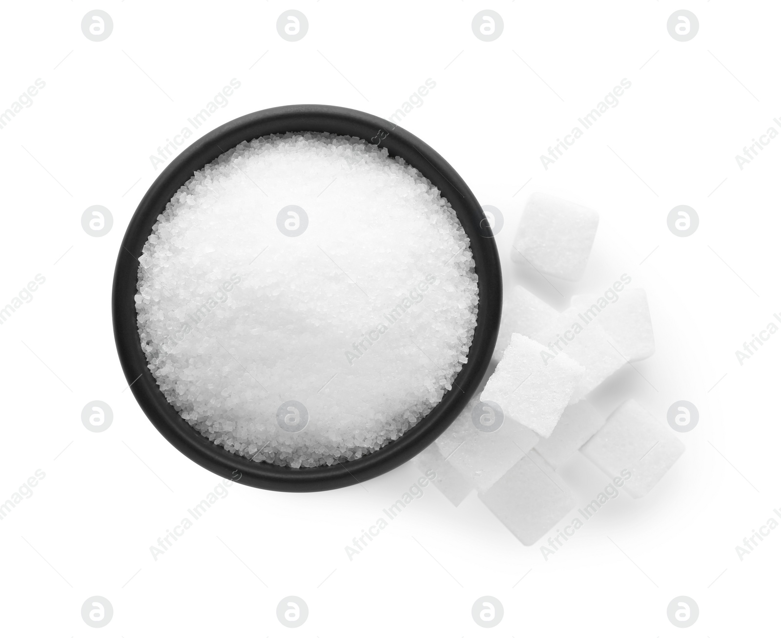 Photo of Different types of sugar isolated on white, top view