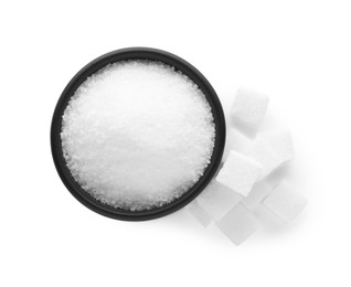 Photo of Different types of sugar isolated on white, top view
