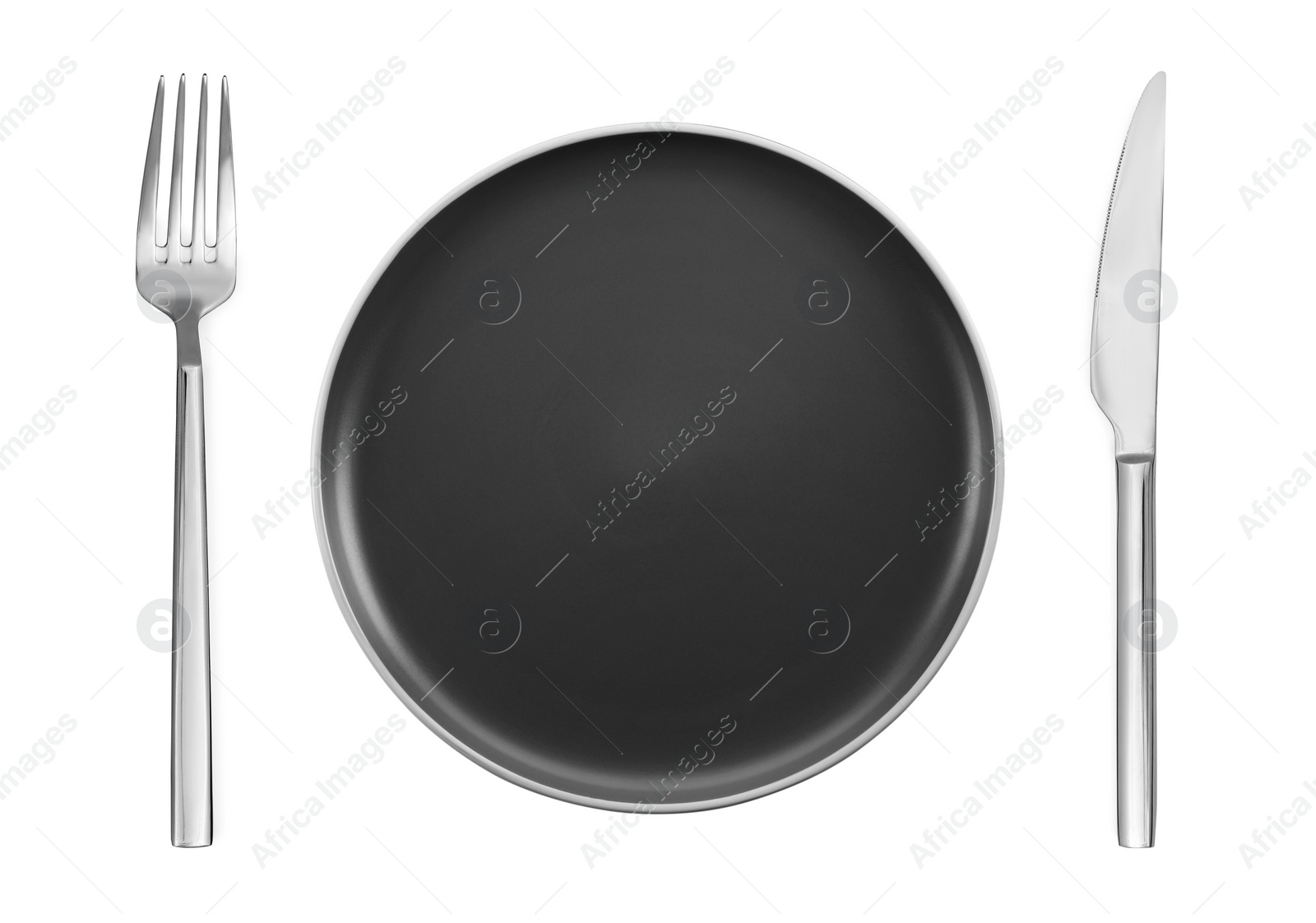 Image of Empty black plate with fork and knife on white background, top view