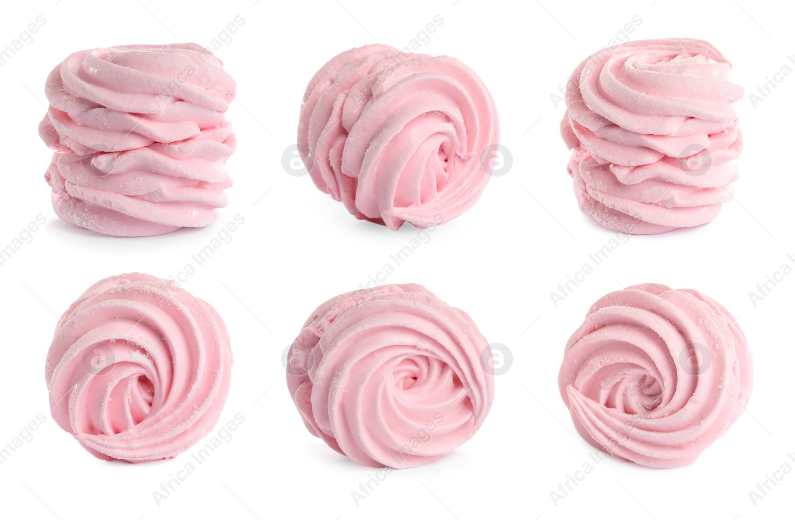 Image of Set with tasty zephyrs on white background