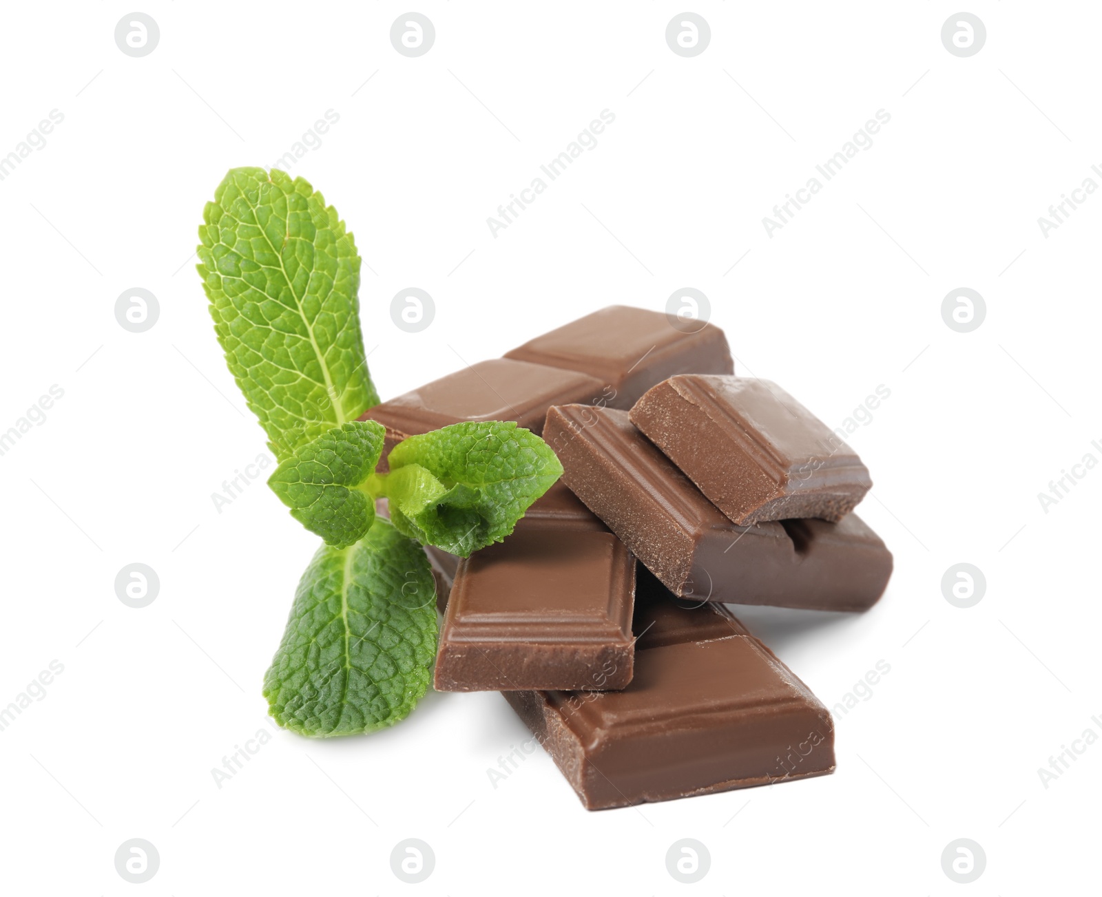 Photo of Tasty chocolate pieces and mint on white background