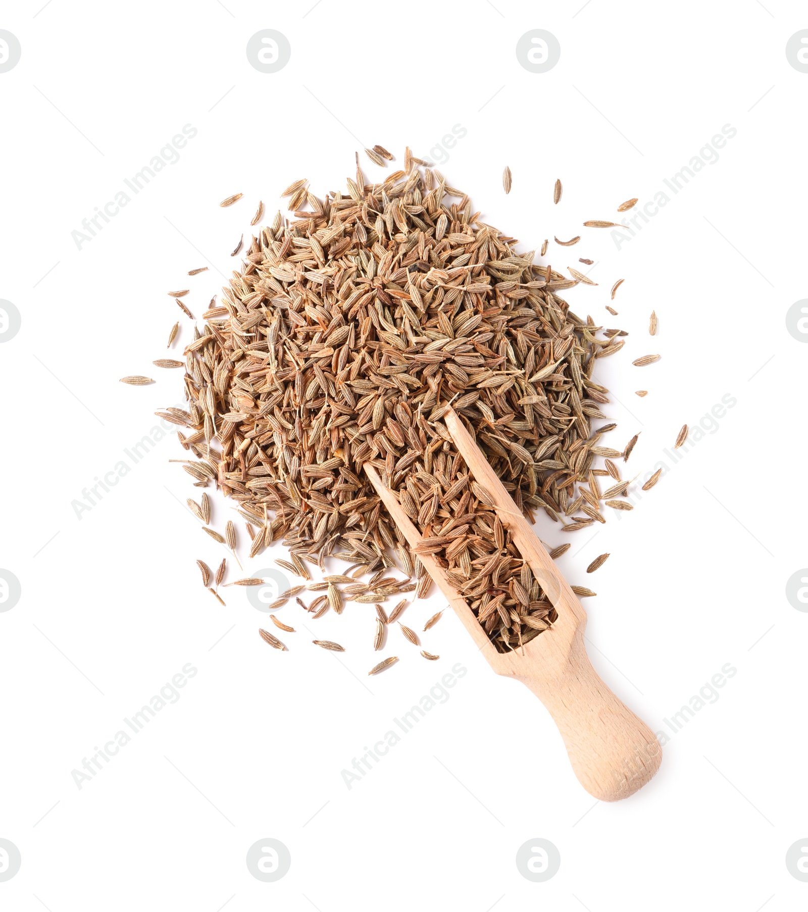 Photo of Scoop of aromatic caraway (Persian cumin) seeds isolated on white, top view