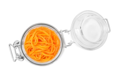 Photo of Delicious Korean carrot salad in jar isolated on white, top view