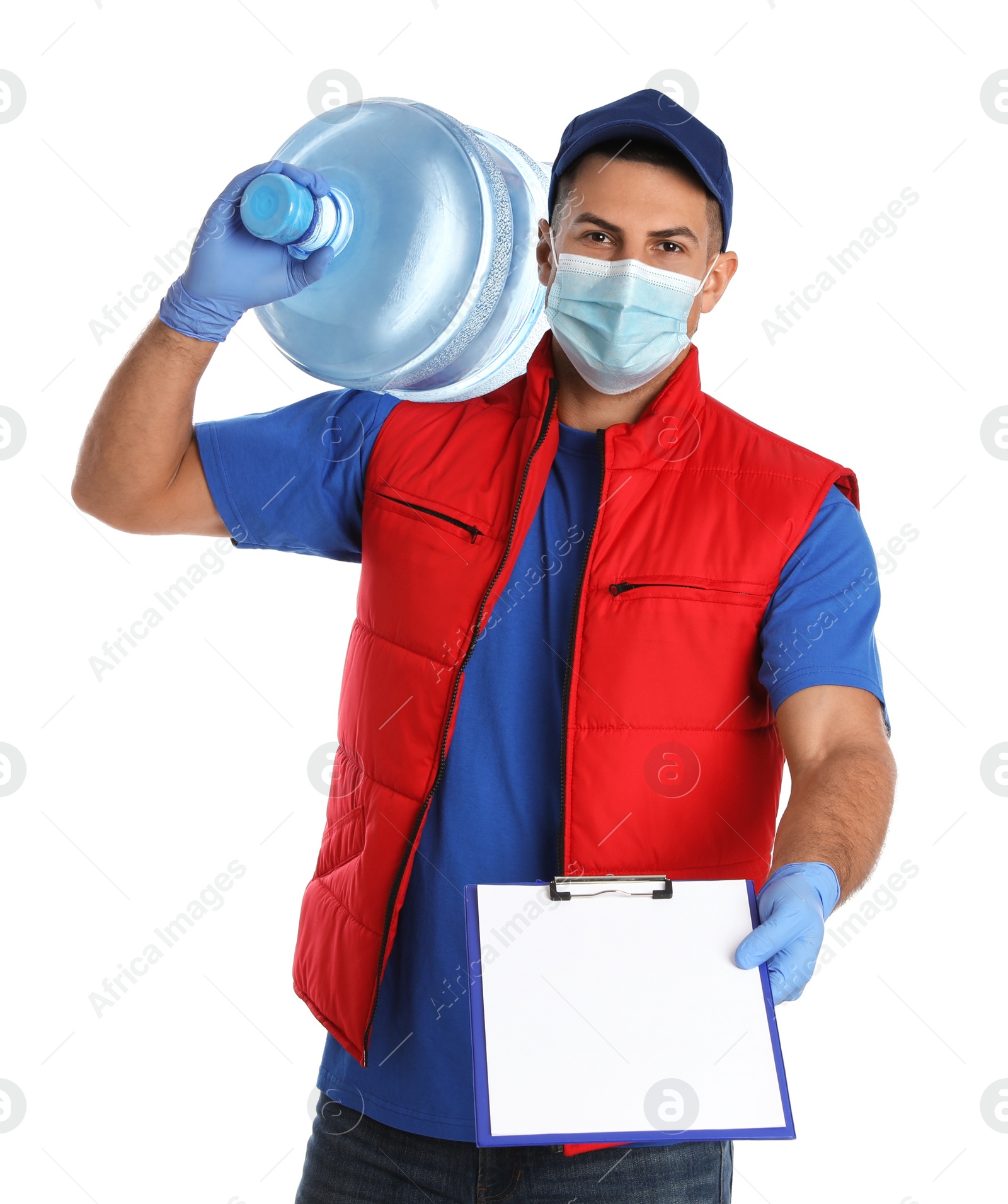 Photo of Courier in face mask with clipboard and bottle of cooler water on white background. Delivery during coronavirus quarantine